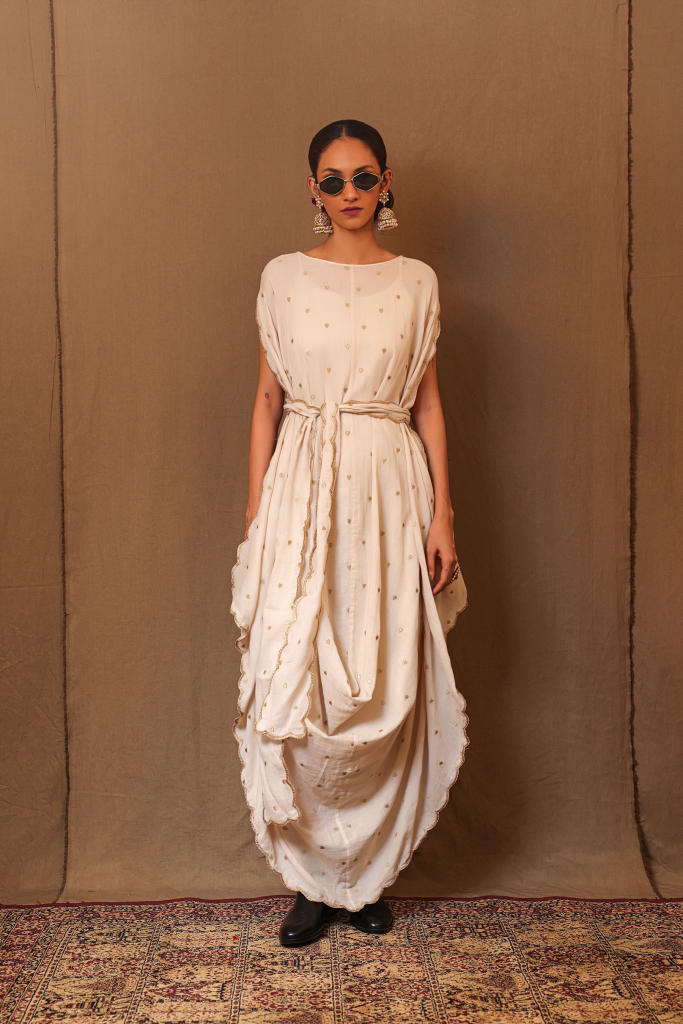 Off-White Zari Heart EMB Cowl Dress & Stole (3 PCS) 100% cotton by Mati in white color for women Worldwide