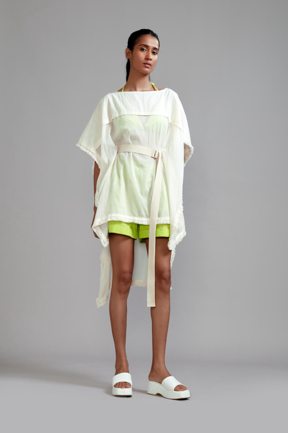 Off-White wIth Neon Green Fringed Kaftan Co-Ords Set (3 PCS)