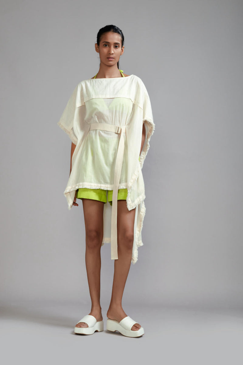 Off-White wIth Neon Green Fringed Kaftan Co-Ords Set (3 PCS) cotton Co-ord Sets by Mati in green color for women Worldwide
