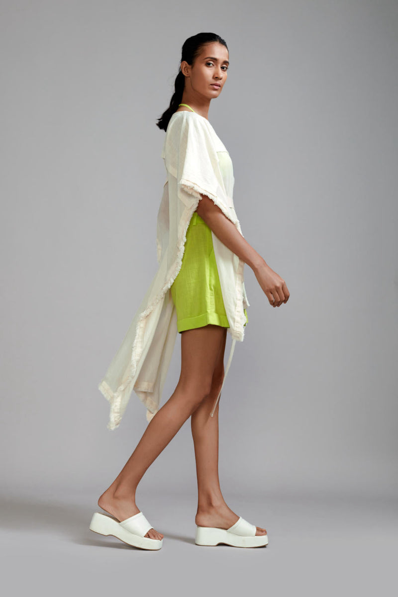 Off-White wIth Neon Green Fringed Kaftan Co-Ords Set (3 PCS) cotton Co-ord Sets by Mati in green color for women Worldwide