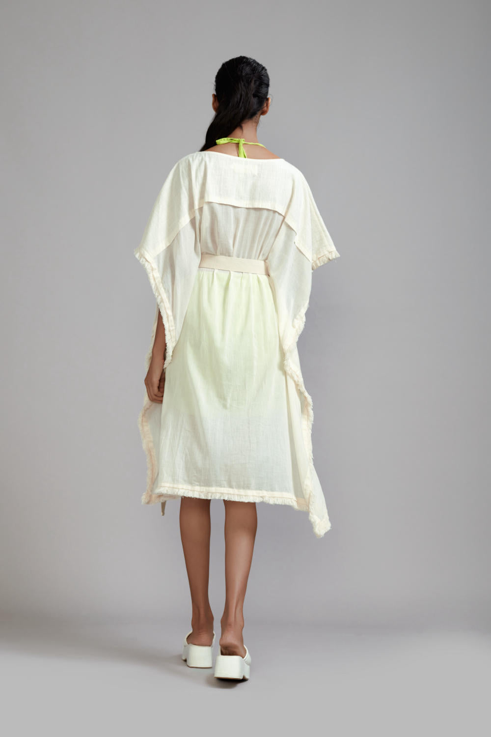 Off-White wIth Neon Green Fringed Kaftan Co-Ords Set (3 PCS)