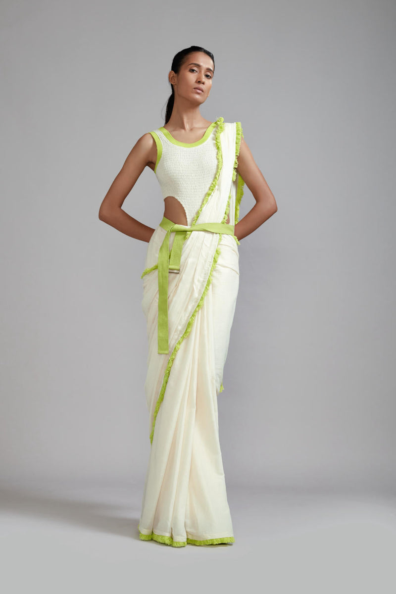 Off-White with Neon Green Fringed Saree cotton Saree by Mati in green color for women Worldwide