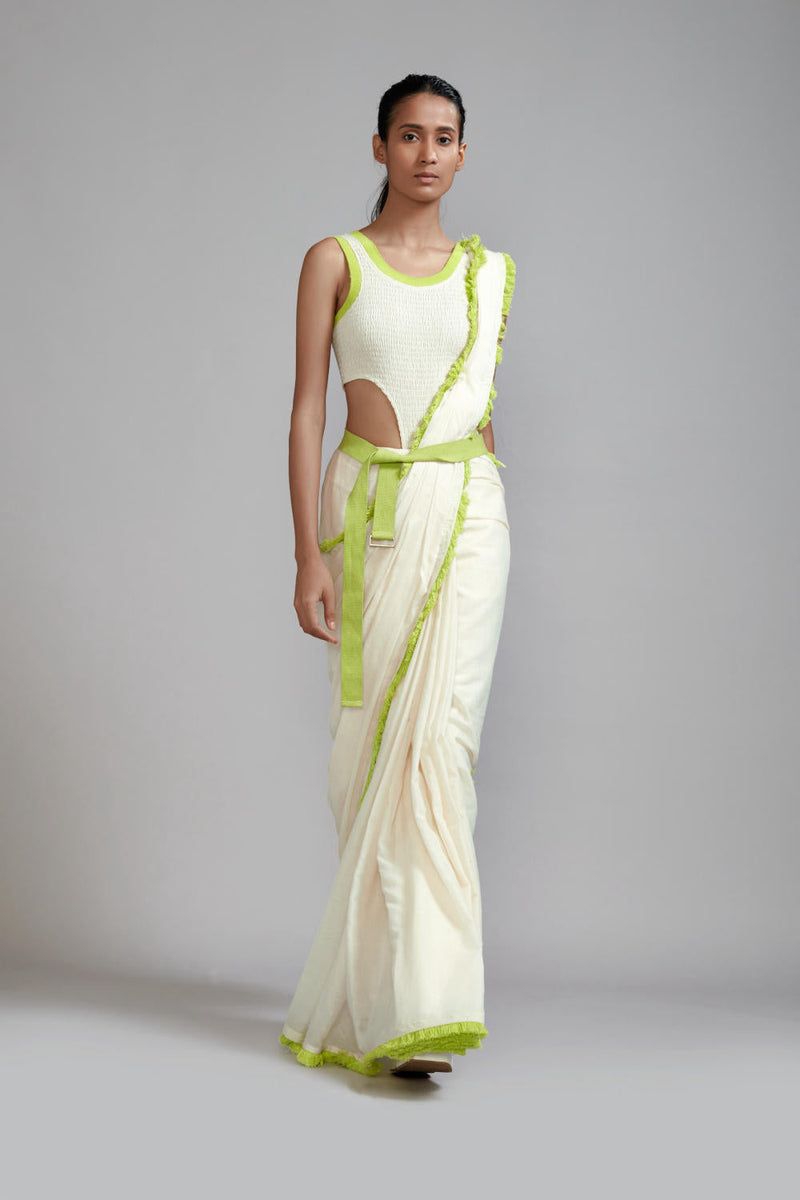 Off-White with Neon Green Fringed Saree cotton Saree by Mati in green color for women Worldwide