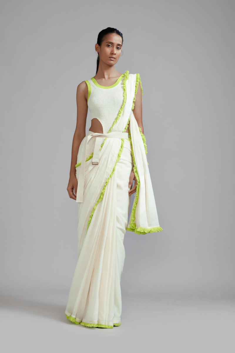 Off-White with Neon Green Fringed Saree cotton Saree by Mati in green color for women Worldwide