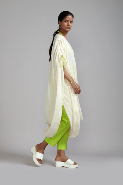 Off-White with Neon Green Gathered Cowl Tunic Set (3 PCS)