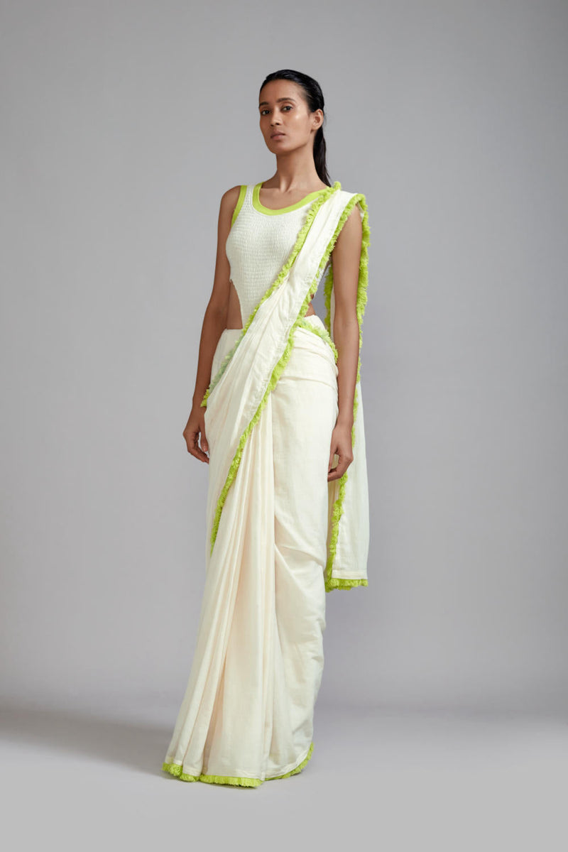 Off-White with Neon Green Saree & Smocked Bodysuit Set (2 PCS) cotton Saree by Mati in green color for women Worldwide
