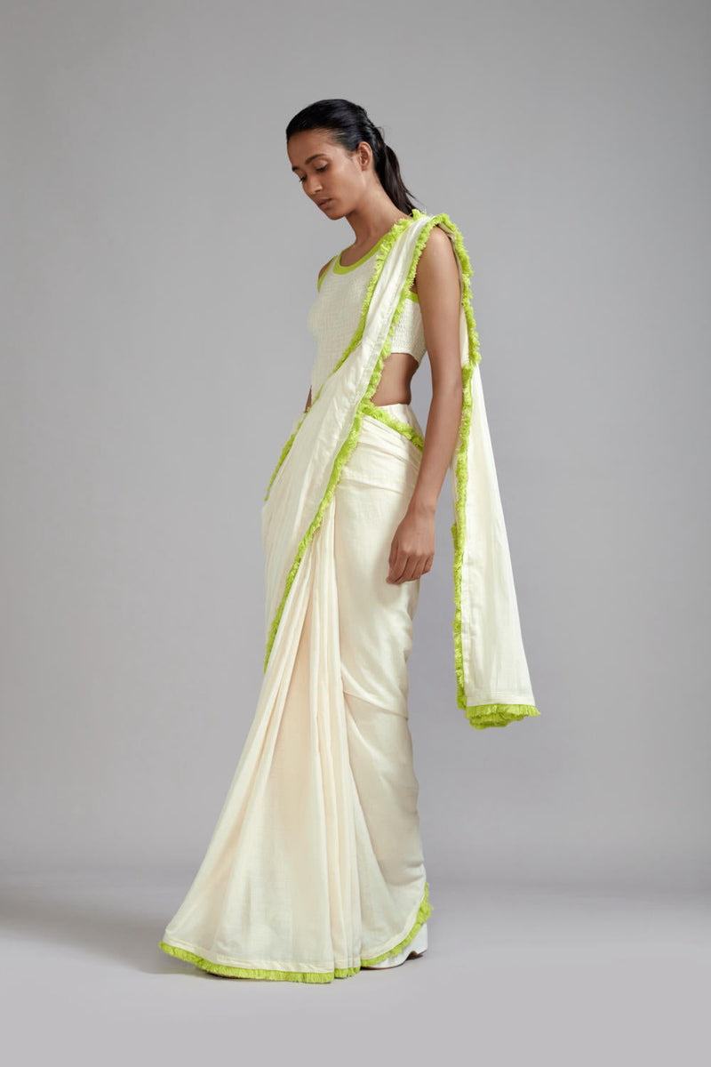 Off-White with Neon Green Saree & Smocked Bodysuit Set (2 PCS) cotton Saree by Mati in green color for women Worldwide