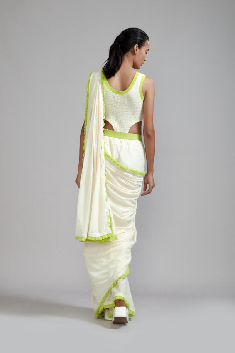Off-White with Neon Green Saree & Smocked Bodysuit Set (2 PCS) cotton Saree by Mati in green color for women Worldwide
