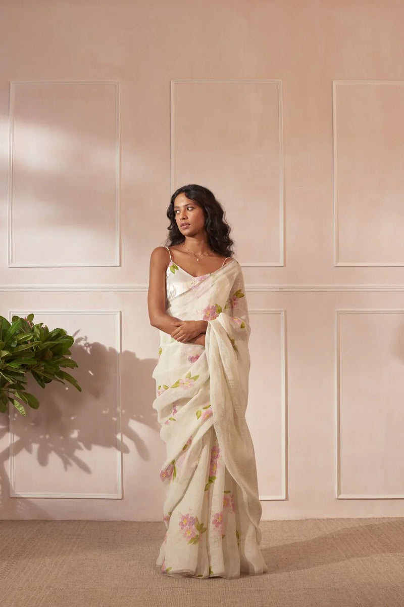 Off White Jarul Linen Sari by Nadiya Paar in white color for women Worldwide