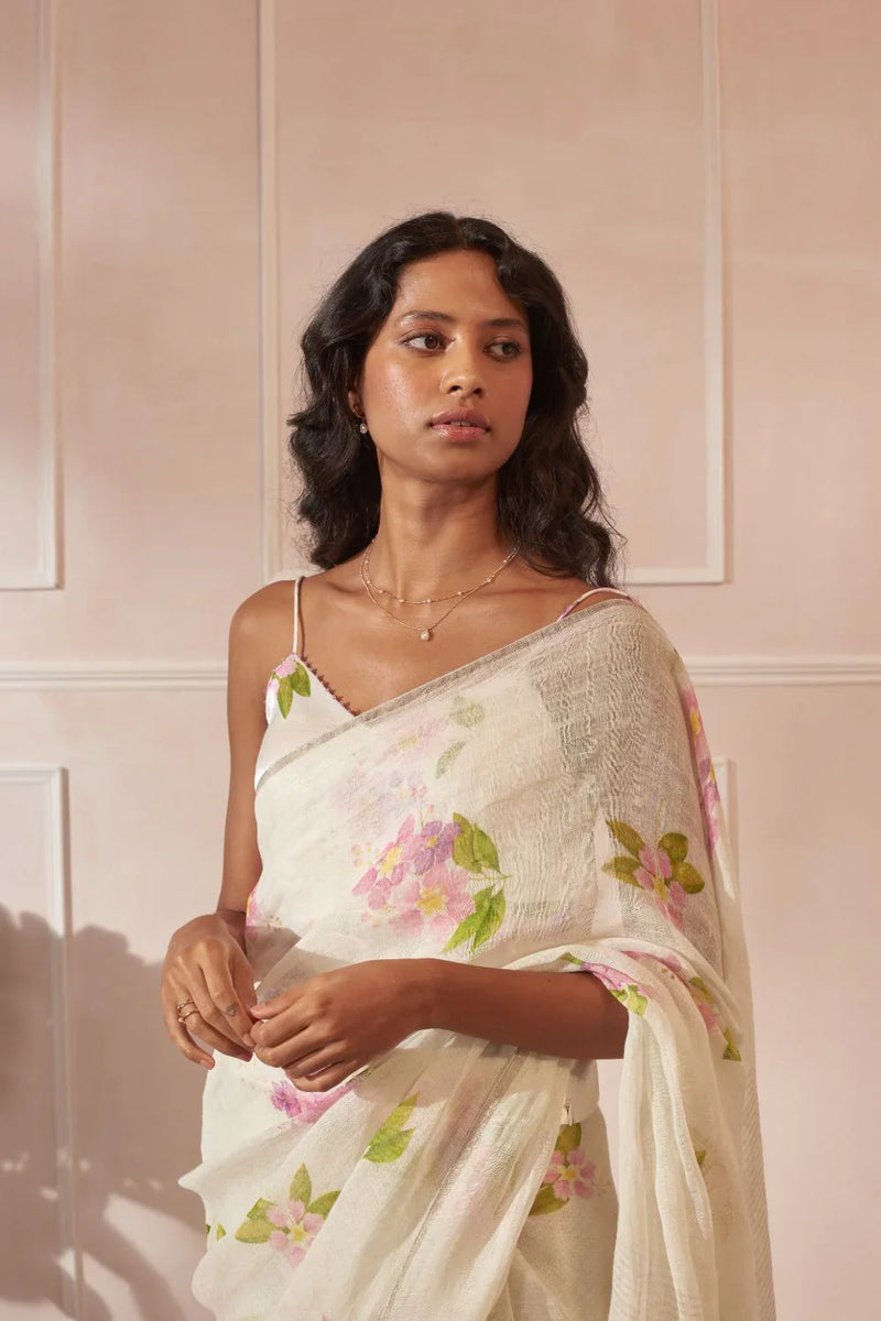 Off White Jarul Linen Sari by Nadiya Paar in white color for women Worldwide