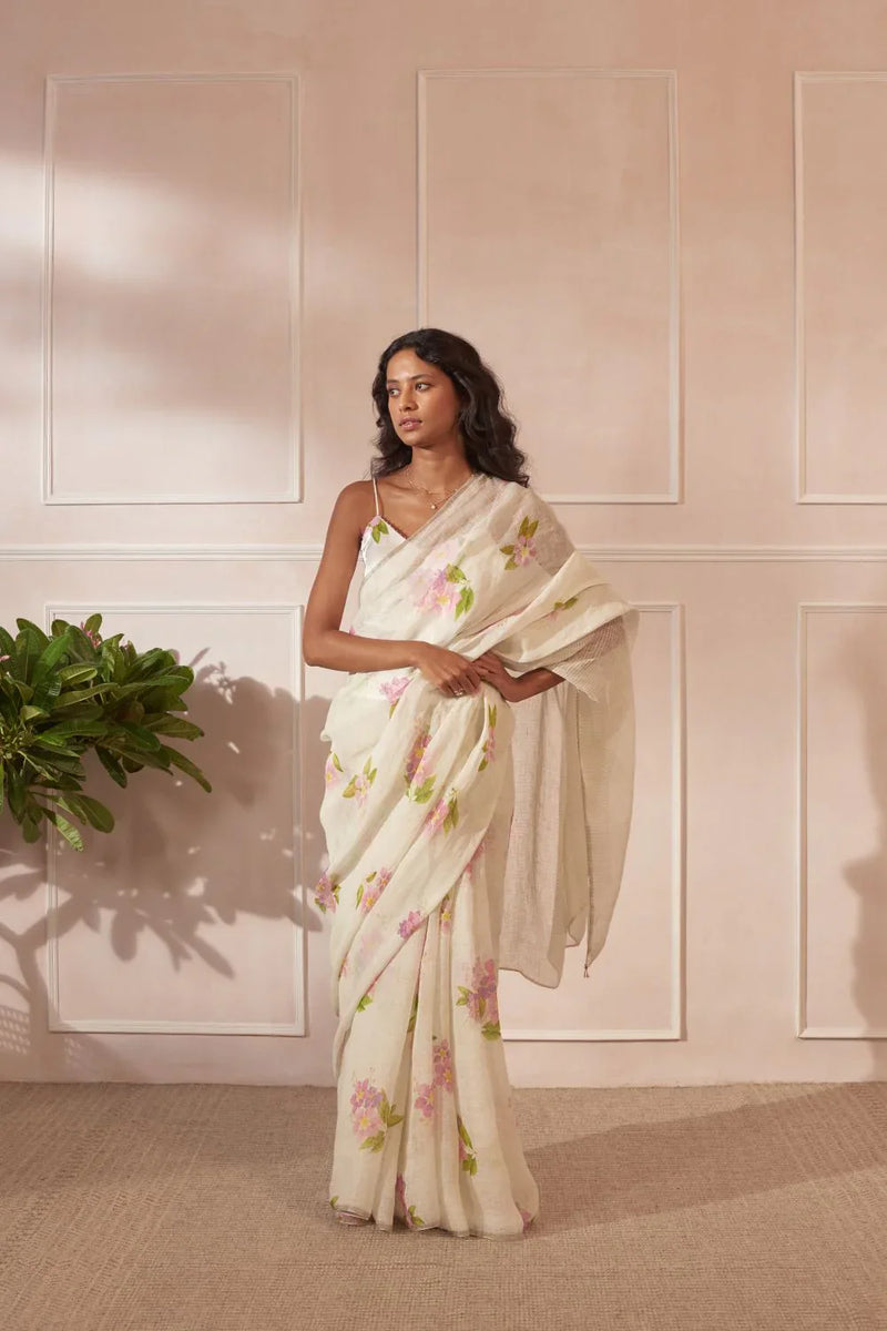 Off White Jarul Linen Sari by Nadiya Paar in white color for women Worldwide