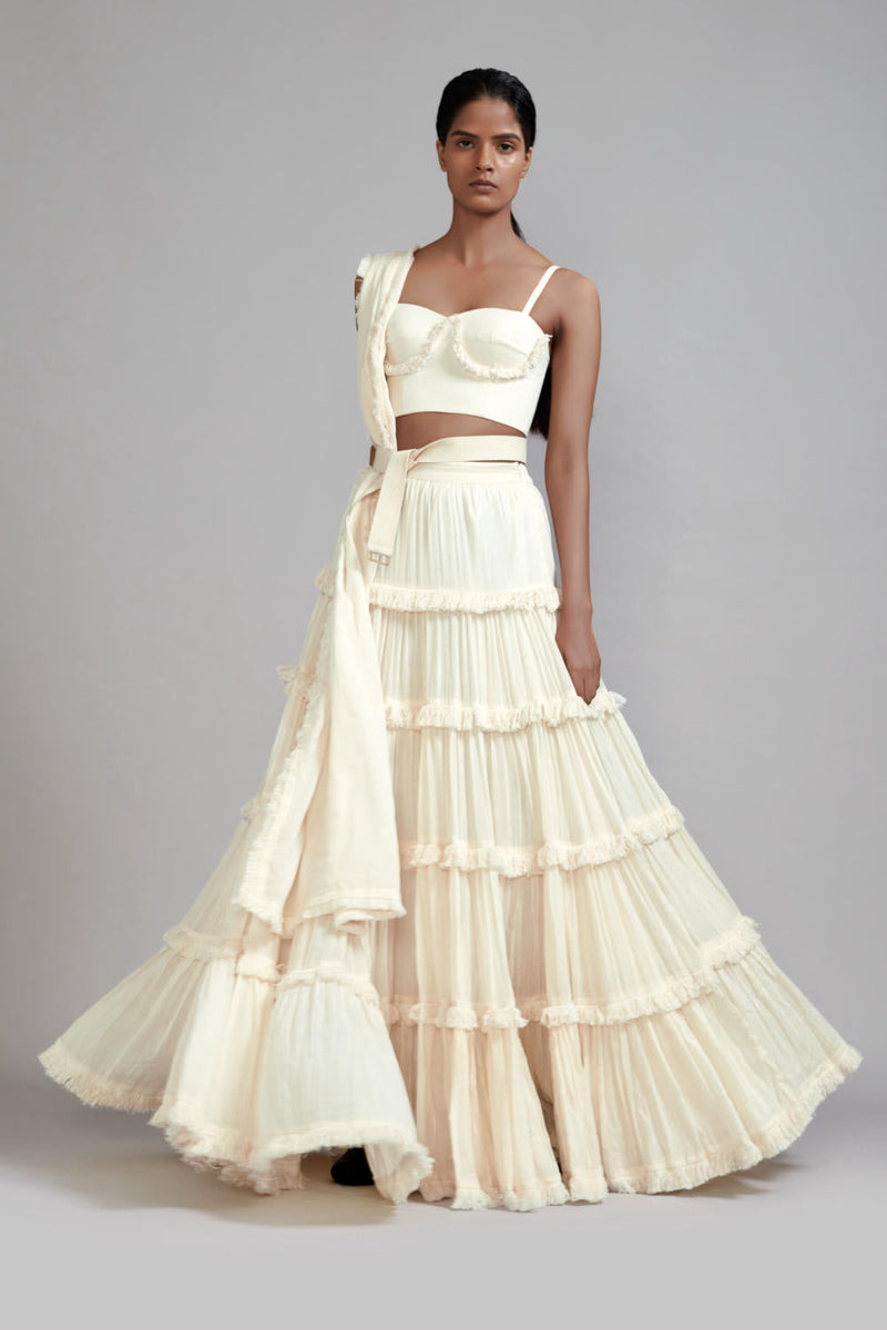 Offwhite Fringed Tiered Lehenga Set (3 PCS) cotton Lehenga Sets by Mati in white color for women Worldwide