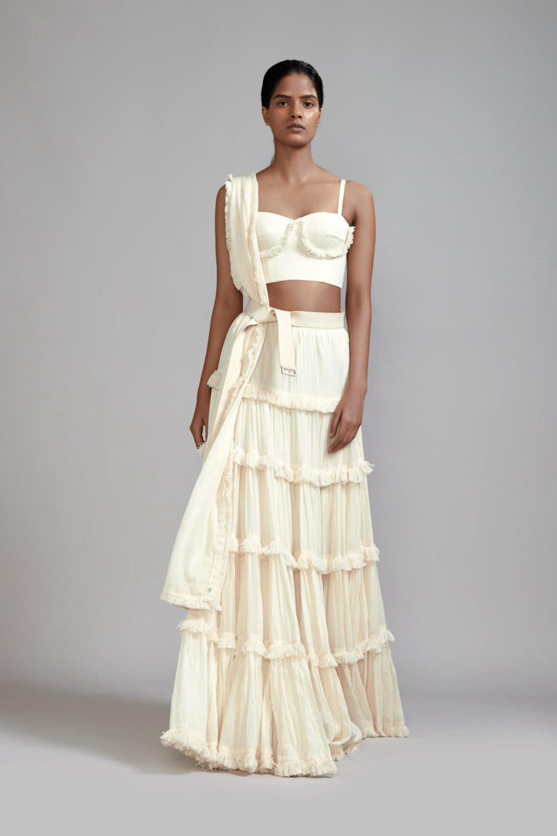 Offwhite Fringed Tiered Lehenga Set (3 PCS) cotton Lehenga Sets by Mati in white color for women Worldwide