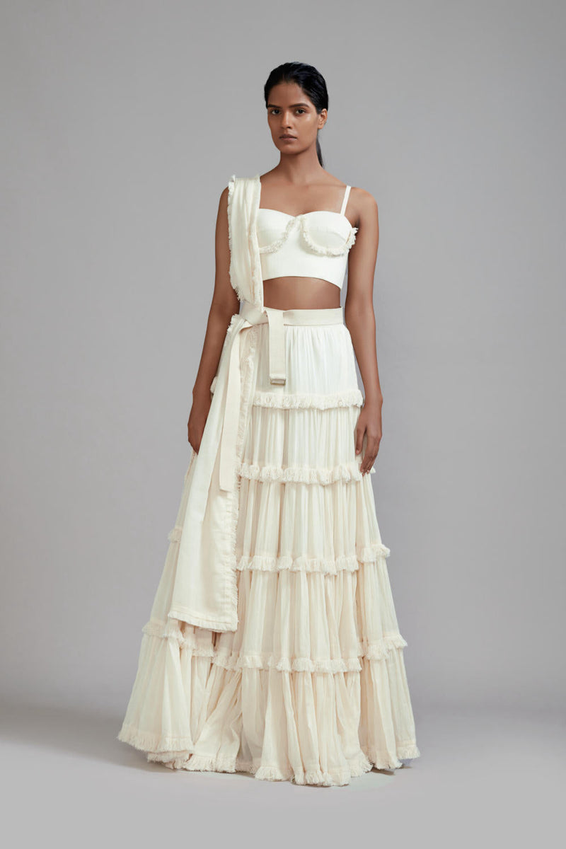 Offwhite Fringed Tiered Lehenga Set (3 PCS) cotton Lehenga Sets by Mati in white color for women Worldwide