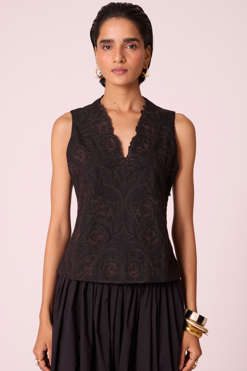 Ogon Black Embroidered Top cotton by The Summer House in black color for women Worldwide