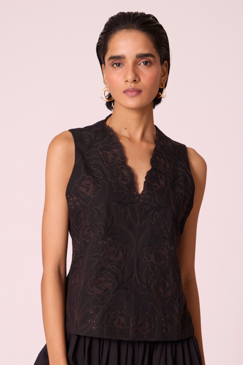 Ogon Black Embroidered Top cotton by The Summer House in black color for women Worldwide