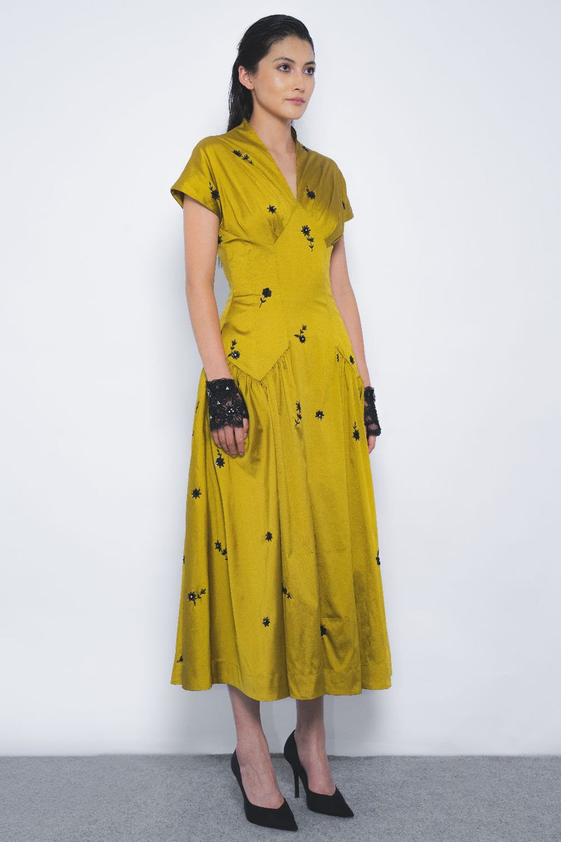 Oka Midi Dress - Mustard and Black mul by Leh Studios in multi color for women Worldwide