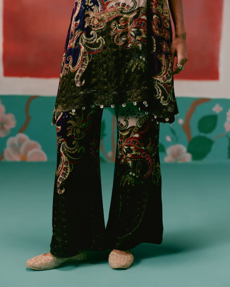 Olive & Purple Paisley Kurta Set by Label Mogra in olive color for women Worldwide