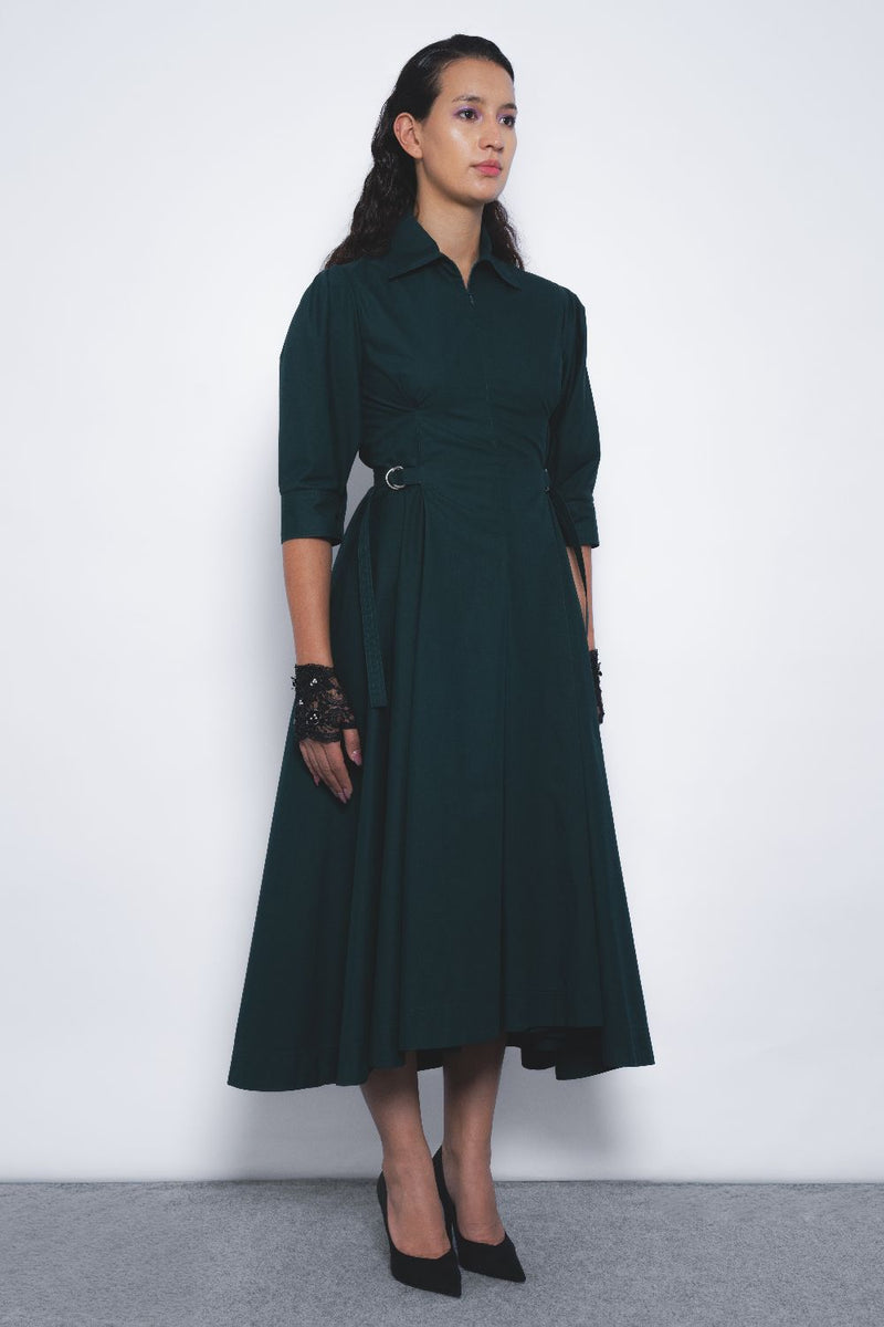 Olivette Dress - Forest Green cotton by Leh Studios in green color for women Worldwide
