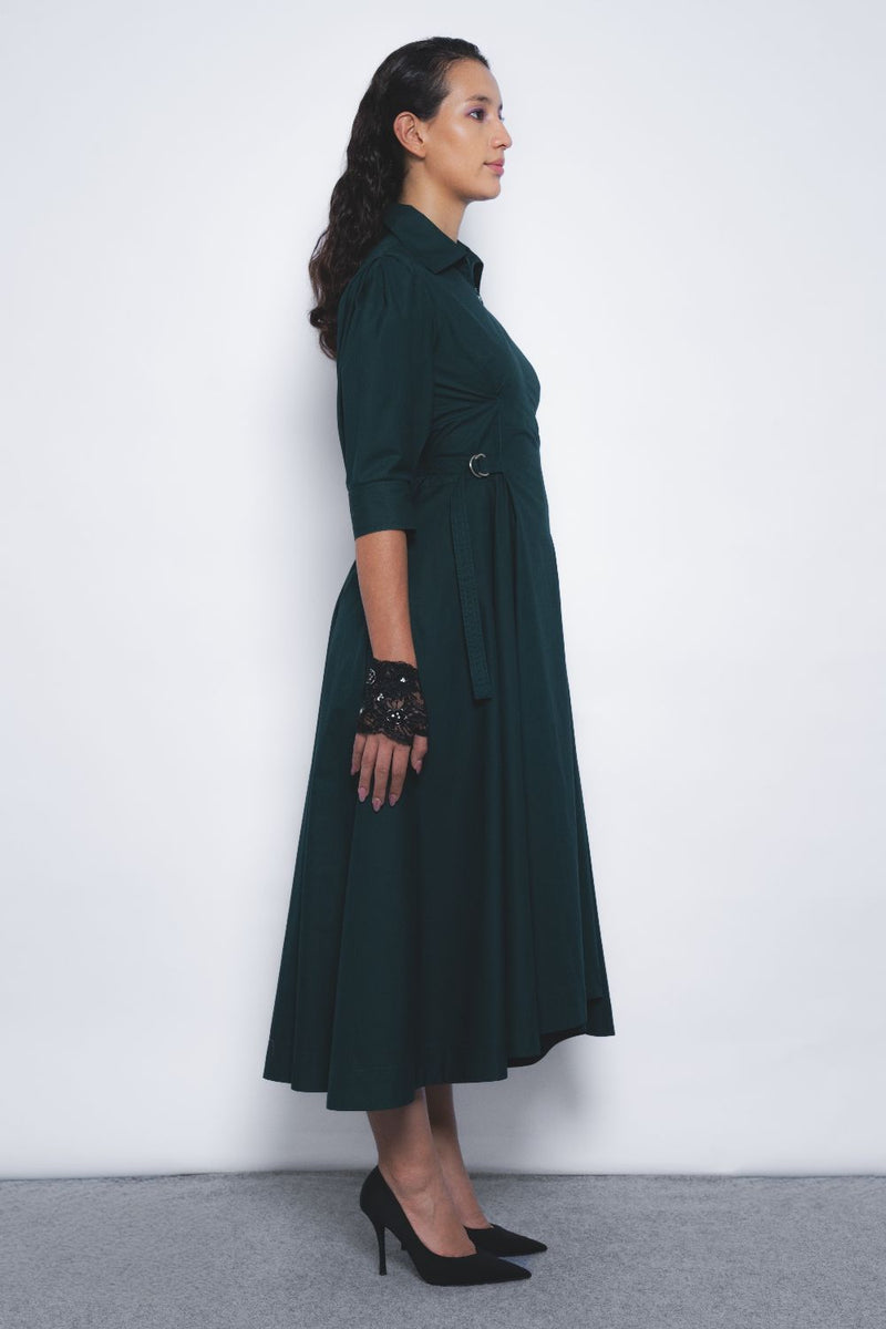 Olivette Dress - Forest Green cotton by Leh Studios in green color for women Worldwide