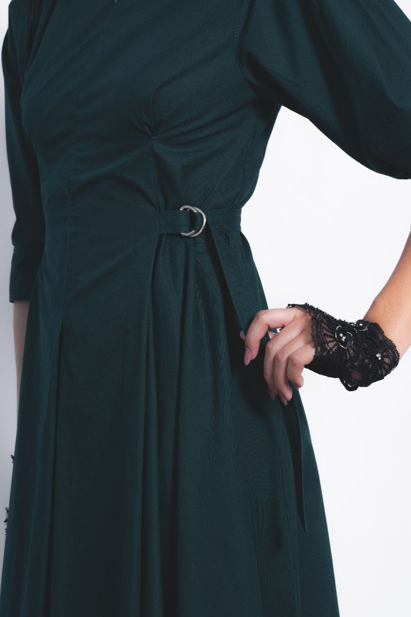 Olivette Dress - Forest Green cotton by Leh Studios in green color for women Worldwide