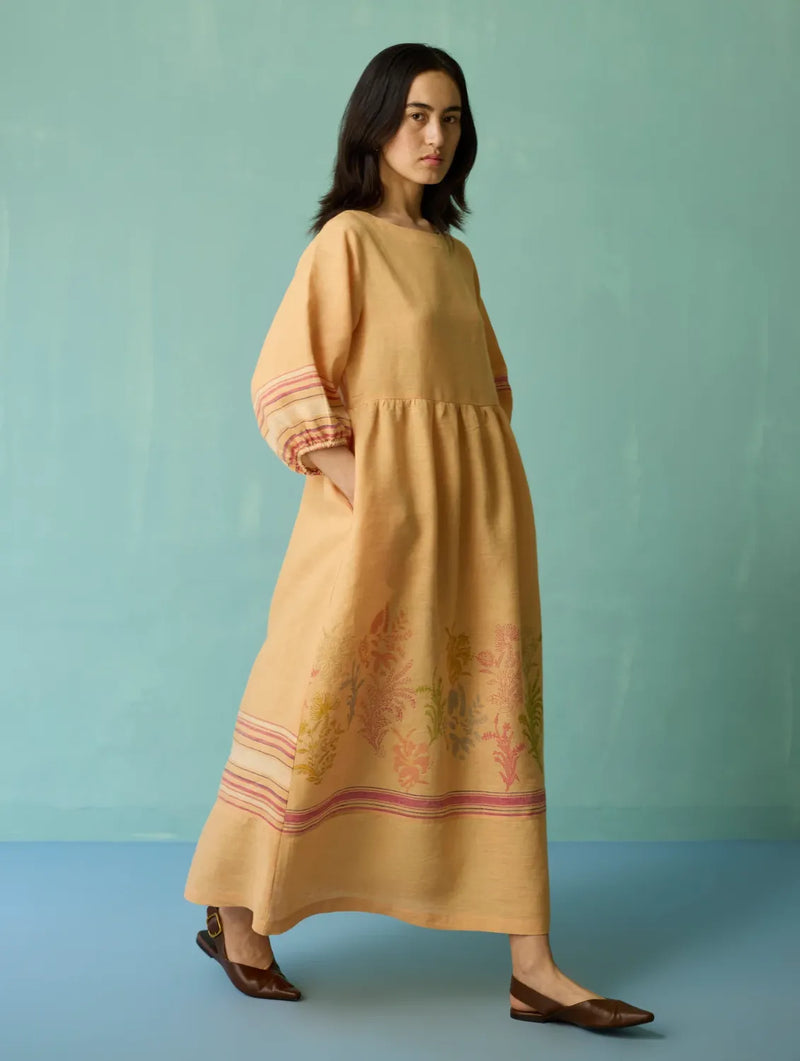 Ora Block-Printed Floral Linen Dress - Apricot linen dress by Manan in apricot for women Worldwide