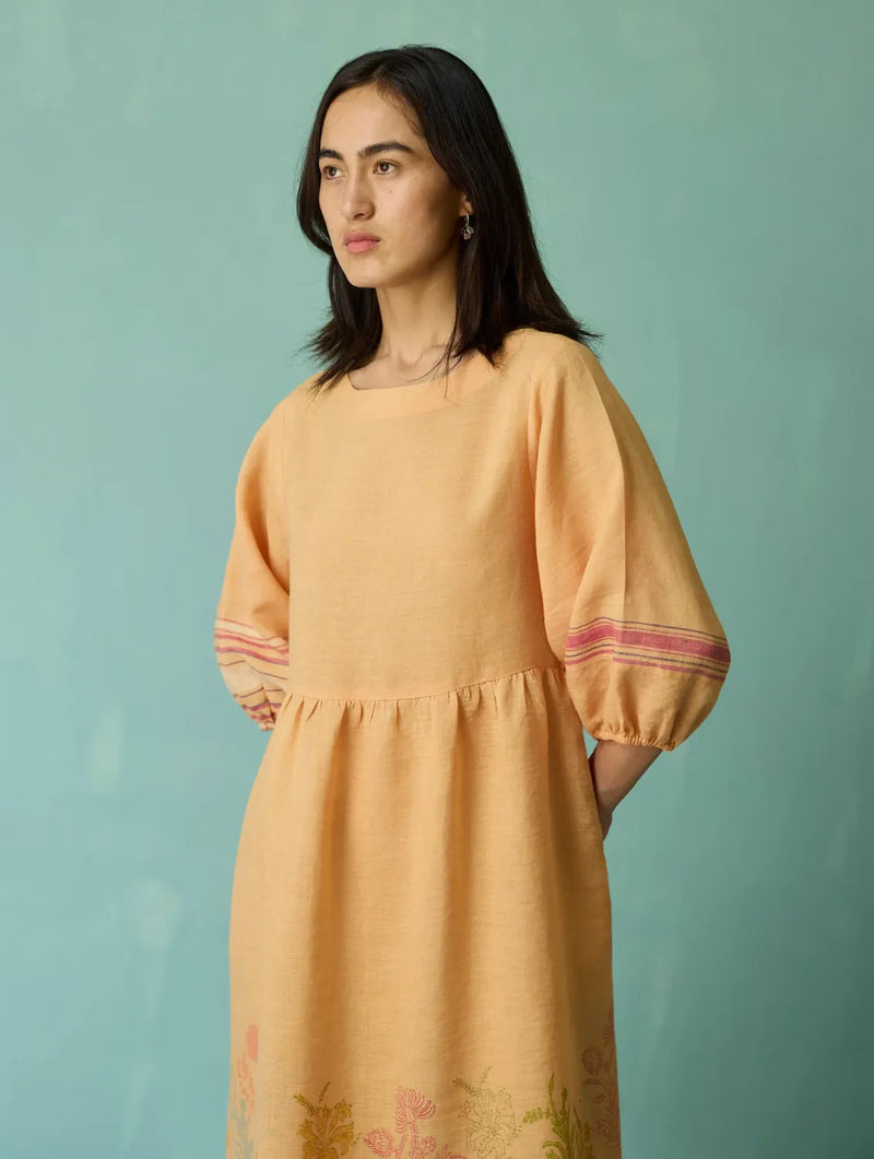 Ora Block-Printed Floral Linen Dress - Apricot linen dress by Manan in apricot for women Worldwide