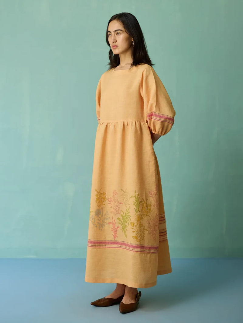 Ora Block-Printed Floral Linen Dress - Apricot linen dress by Manan in apricot for women Worldwide