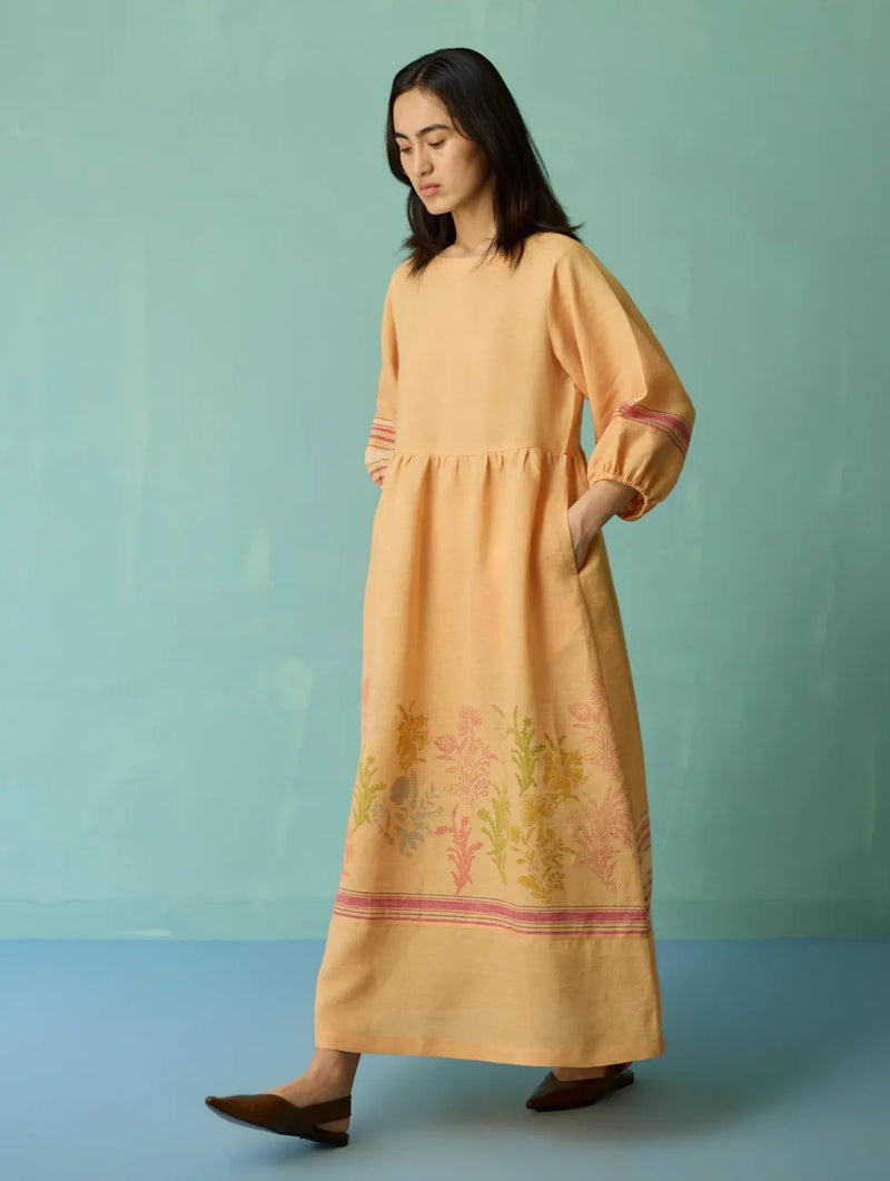 Ora Block-Printed Floral Linen Dress - Apricot linen dress by Manan in apricot for women Worldwide