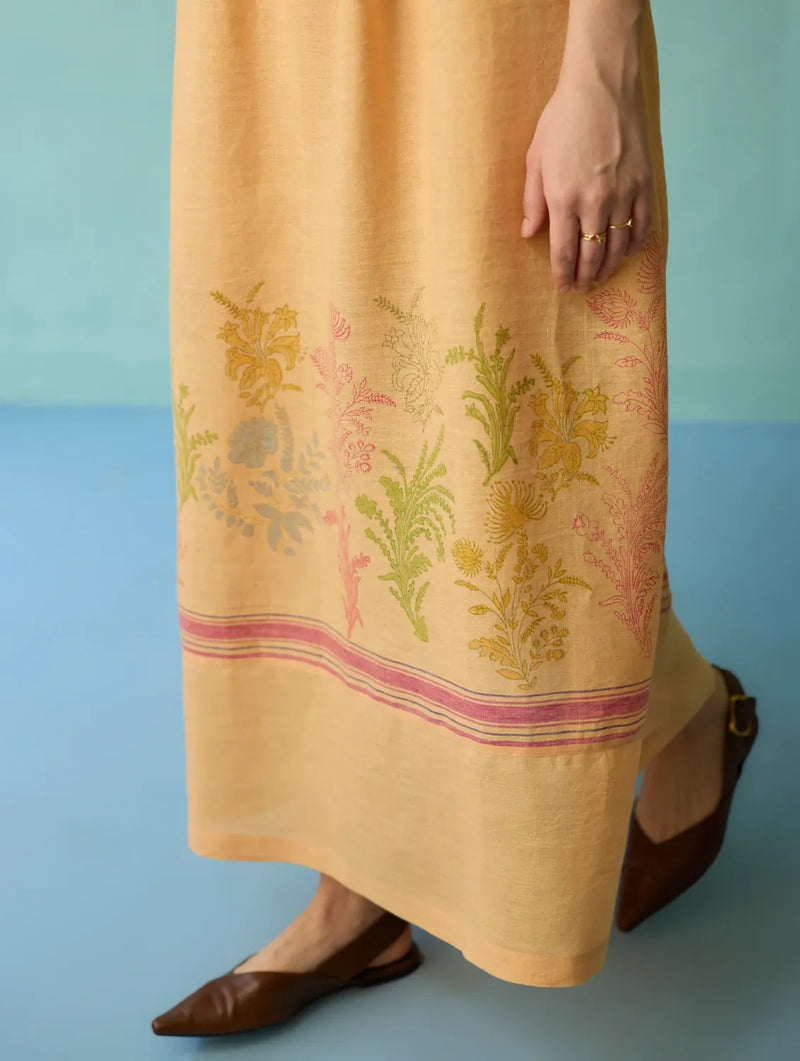 Ora Block-Printed Floral Linen Dress - Apricot linen dress by Manan in apricot for women Worldwide
