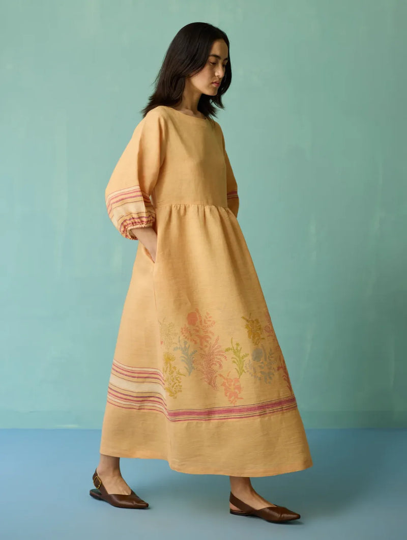 Ora Block-Printed Floral Linen Dress - Apricot linen dress by Manan in apricot for women Worldwide