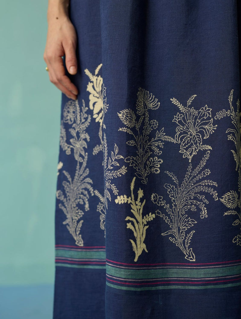 Ora Block-Printed Floral Linen Dress - Indigo linen dress by Manan in navy for women Worldwide