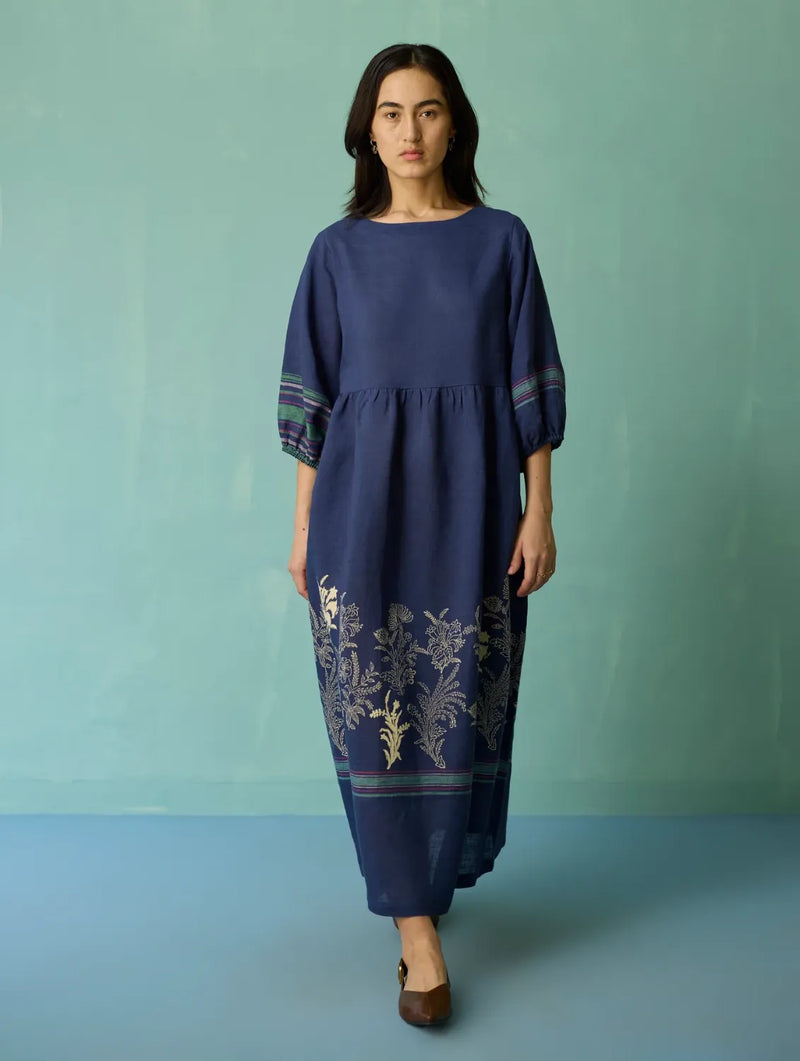 Ora Block-Printed Floral Linen Dress - Indigo linen dress by Manan in navy for women Worldwide