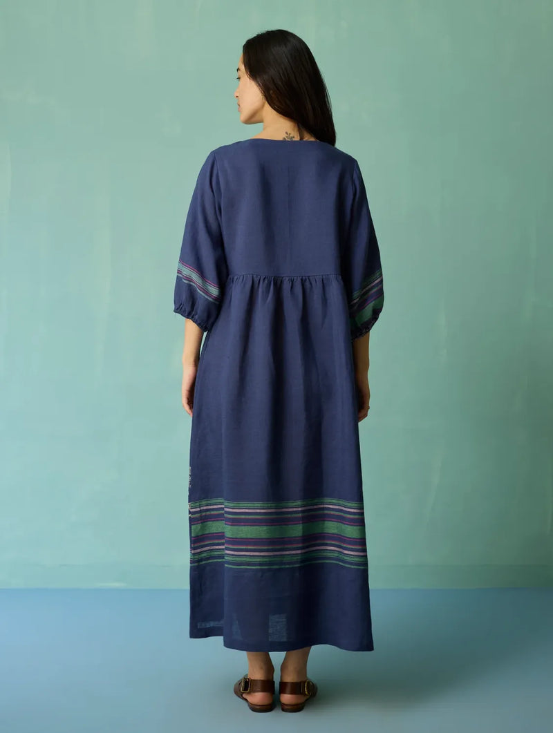 Ora Block-Printed Floral Linen Dress - Indigo linen dress by Manan in navy for women Worldwide