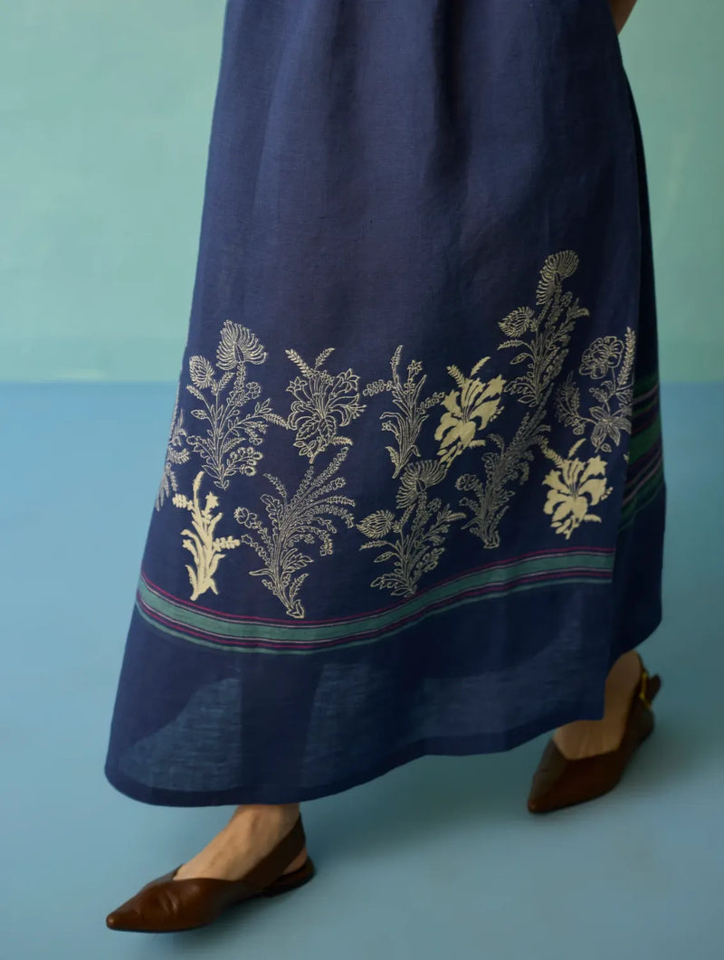 Ora Block-Printed Floral Linen Dress - Indigo linen dress by Manan in navy for women Worldwide