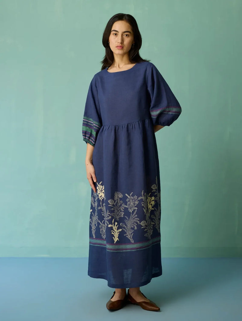 Ora Block-Printed Floral Linen Dress - Indigo linen dress by Manan in navy for women Worldwide