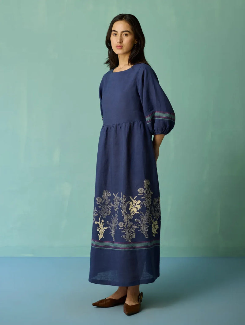 Ora Block-Printed Floral Linen Dress - Indigo linen dress by Manan in navy for women Worldwide