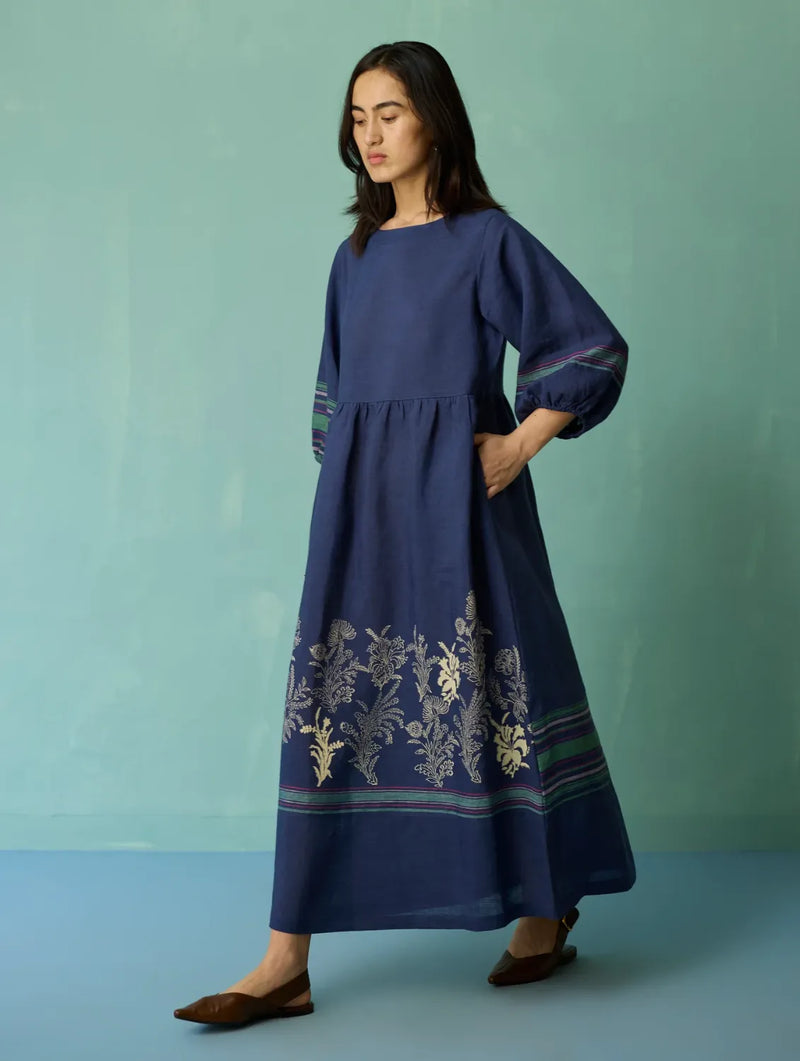 Ora Block-Printed Floral Linen Dress - Indigo linen dress by Manan in navy for women Worldwide