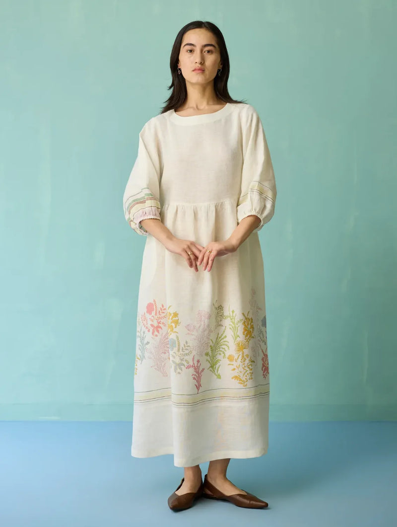 Ora Block-Printed Floral Linen Dress - Ivory linen dress by Manan in ivory for women Worldwide