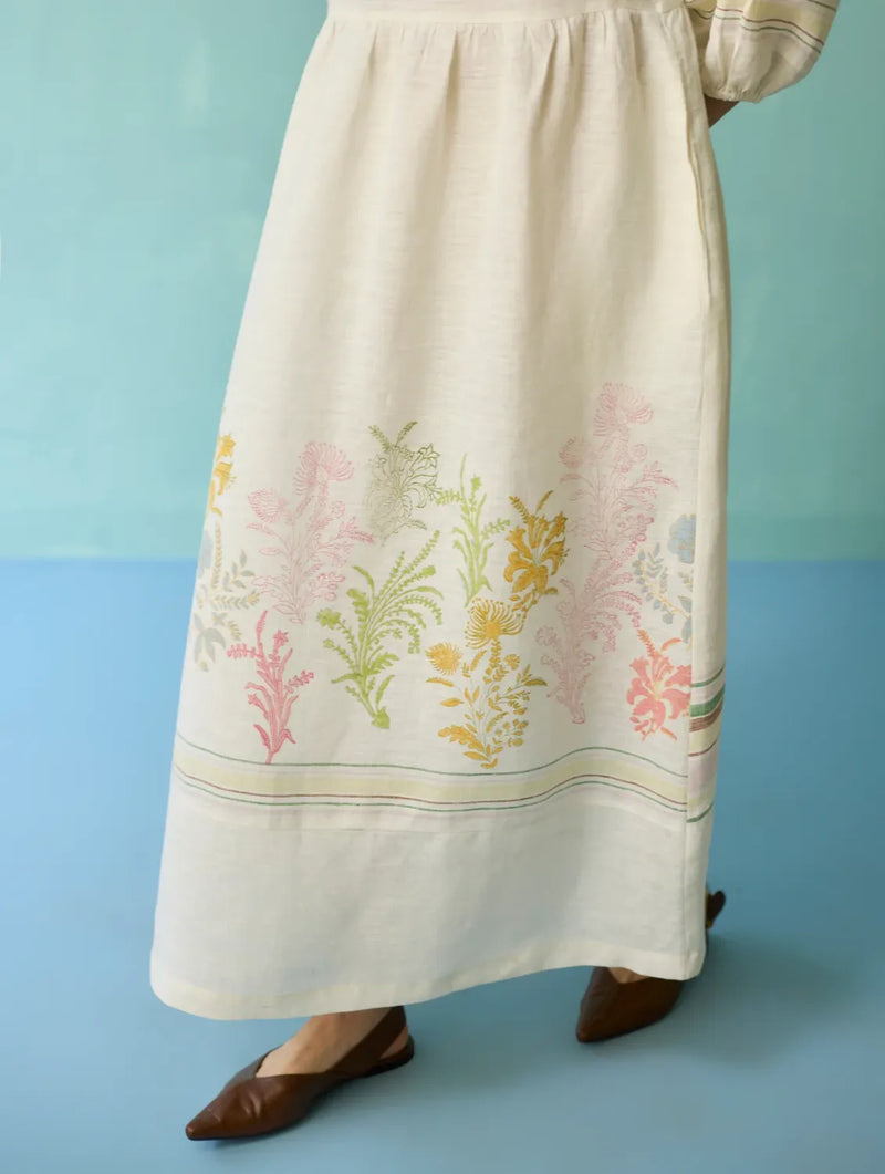 Ora Block-Printed Floral Linen Dress - Ivory linen dress by Manan in ivory for women Worldwide