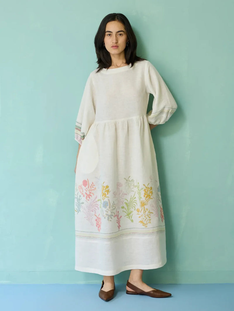 Ora Block-Printed Floral Linen Dress - Ivory linen dress by Manan in ivory for women Worldwide