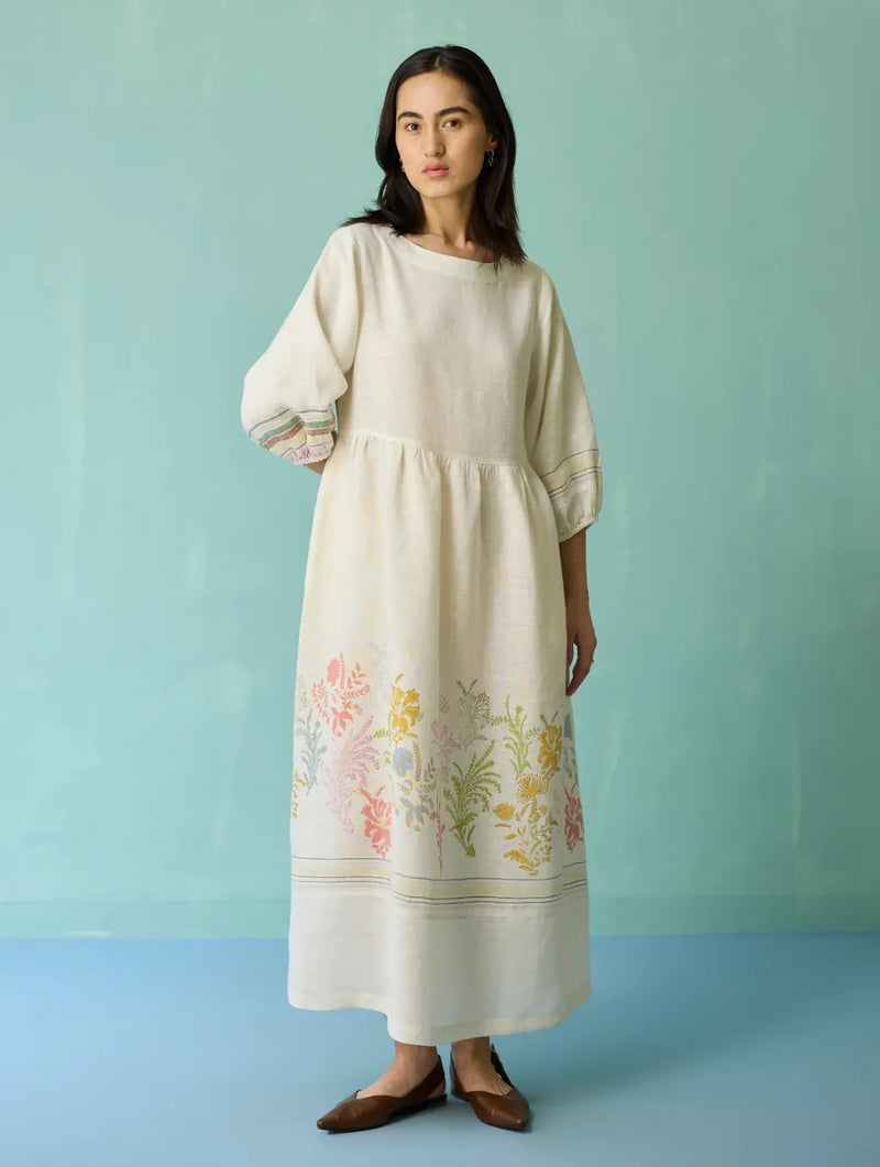 Ora Block-Printed Floral Linen Dress - Ivory linen dress by Manan in ivory for women Worldwide