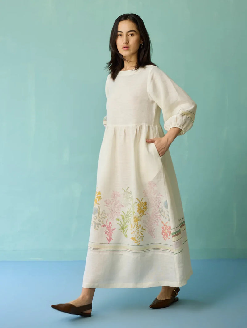 Ora Block-Printed Floral Linen Dress - Ivory linen dress by Manan in ivory for women Worldwide