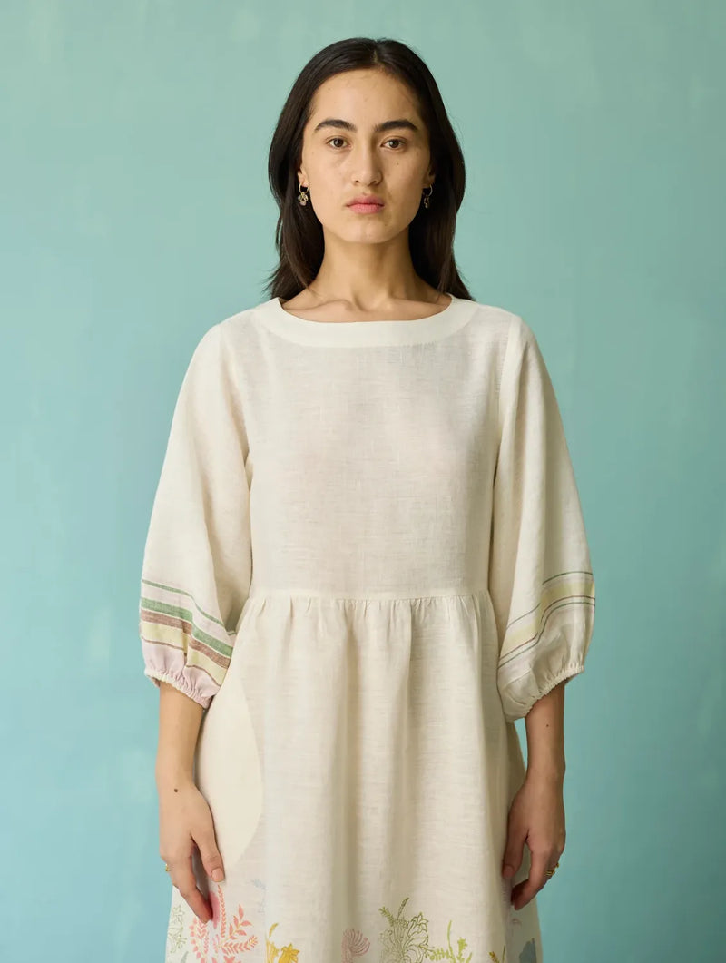 Ora Block-Printed Floral Linen Dress - Ivory linen dress by Manan in ivory for women Worldwide