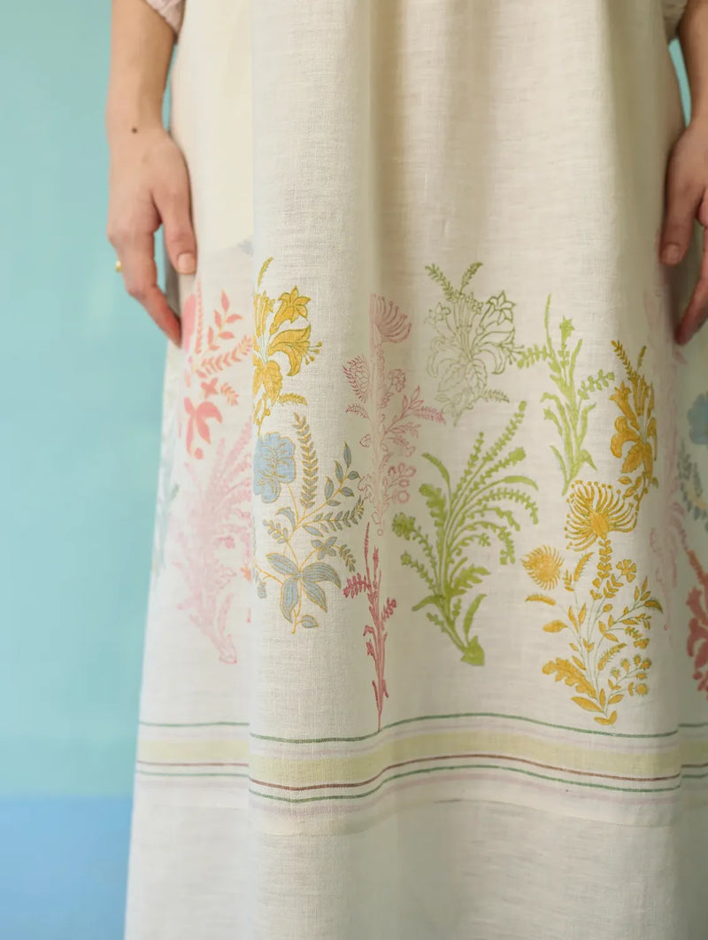 Ora Block-Printed Floral Linen Dress - Ivory linen dress by Manan in ivory for women Worldwide