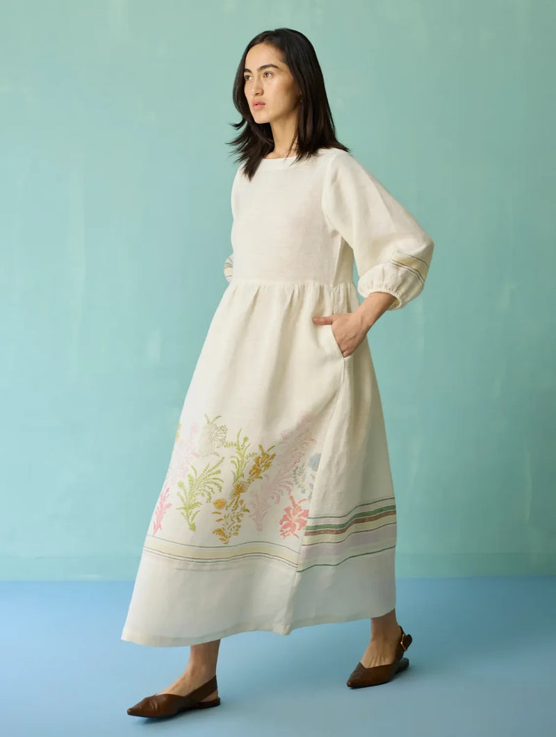 Ora Block-Printed Floral Linen Dress - Ivory linen dress by Manan in ivory for women Worldwide