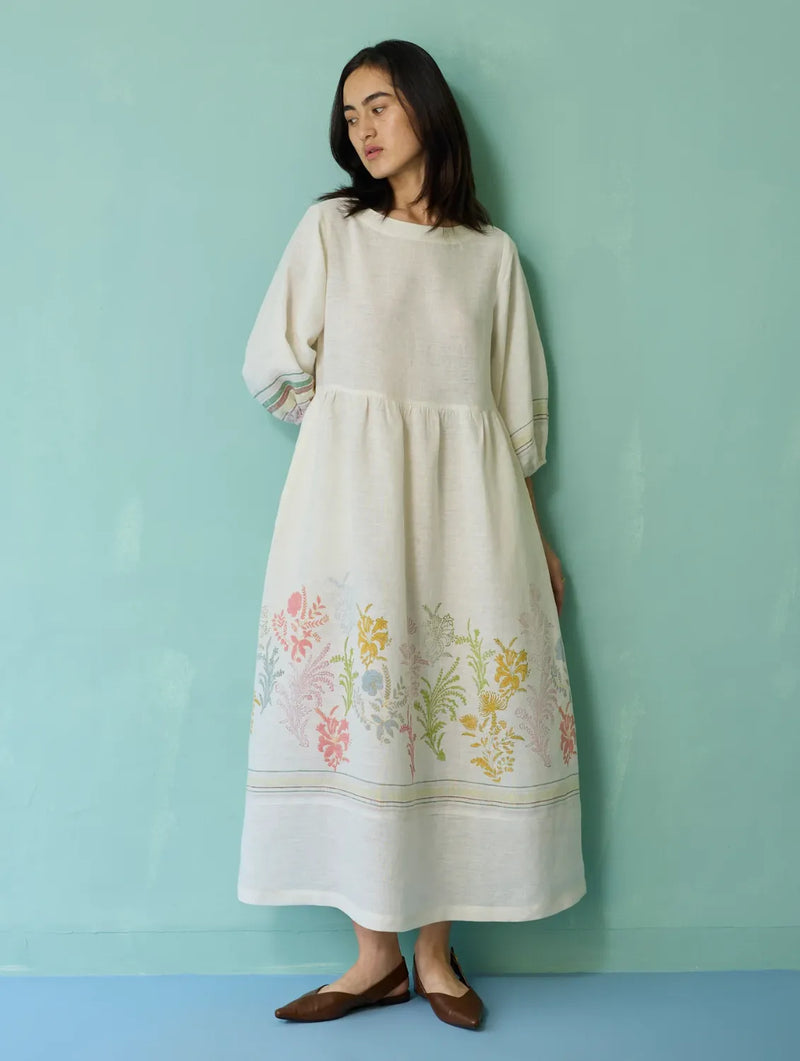 Ora Block-Printed Floral Linen Dress - Ivory linen dress by Manan in ivory for women Worldwide