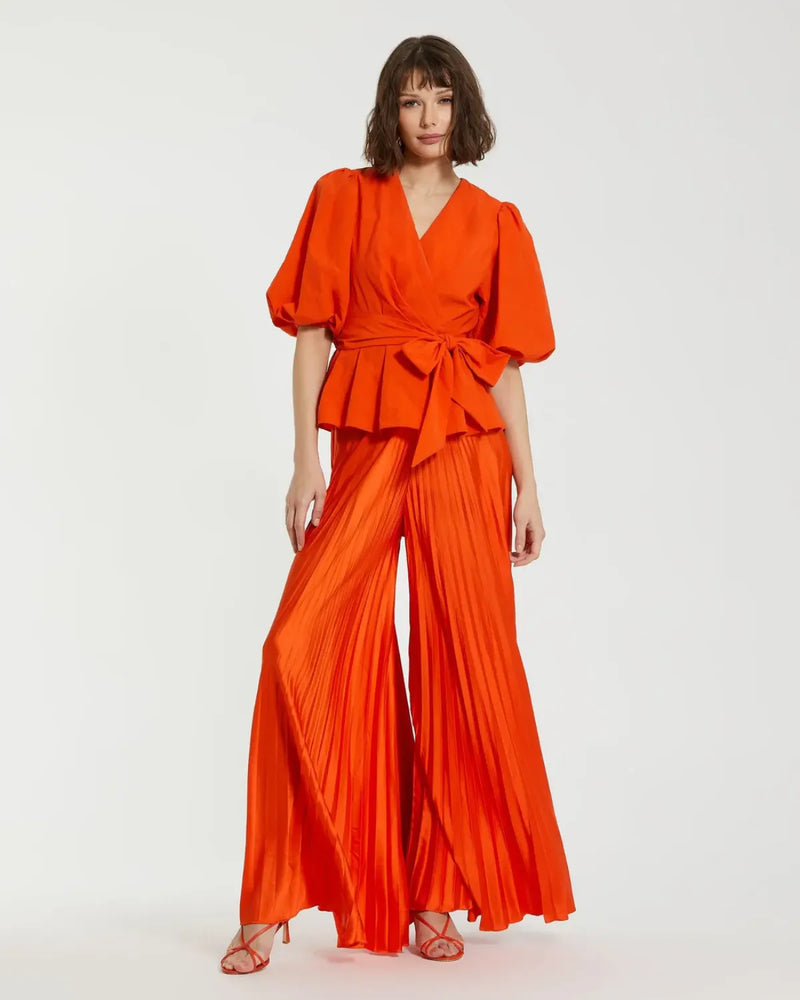 Orange Faille Wrap Over Balloon Sleeve Blouse by Mac Duggal for women Worldwide