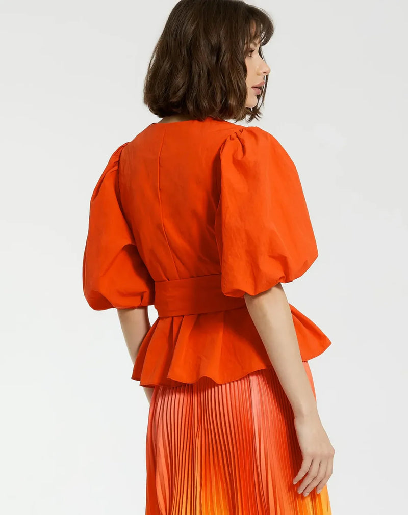 Orange Faille Wrap Over Balloon Sleeve Blouse by Mac Duggal for women Worldwide