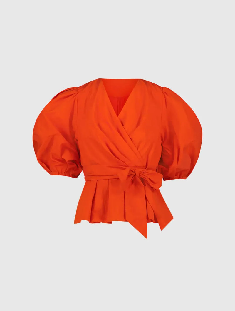 Orange Faille Wrap Over Balloon Sleeve Blouse by Mac Duggal for women Worldwide
